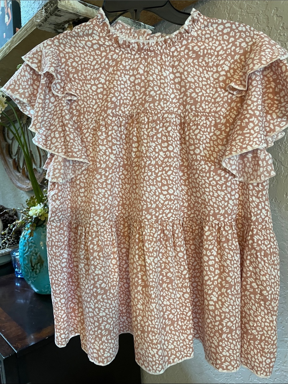 Ruffle-Sleeve Pink Printed Tiered Blouse